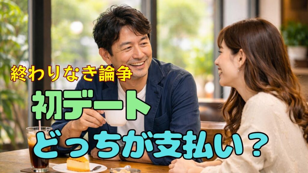 40代男性が出会い系で初対面の女性と昼のカフェデートを楽しむ様子｜初デートはおごるべきかを解説するイメージ