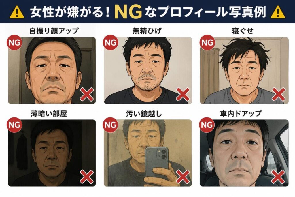 女性が嫌がる、NGなプロフィール写真のわかりやすい例の画像。