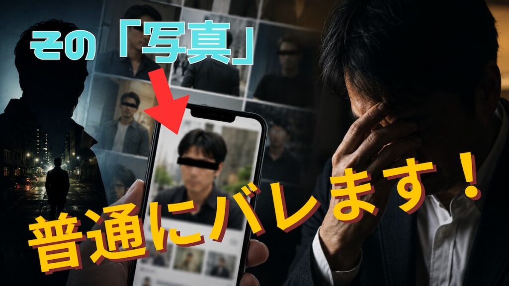 既婚者の出会い系プロフィール写真による身バレリスクを表現した40代男性のアイキャッチ画像｜ハッピーメールで安全に使うための写真対策と身バレ防止のポイント記事画像。