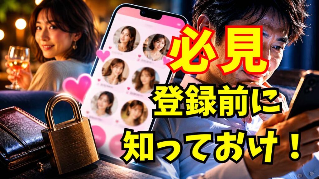 40代既婚男性が夜の部屋でスマートフォンを見ながらハッピーメールを利用している様子。背景には微笑む日本人女性とマッチングアプリ風の演出があり、身バレ対策や出会いへの期待感を表現したアイキャッチ画像。
